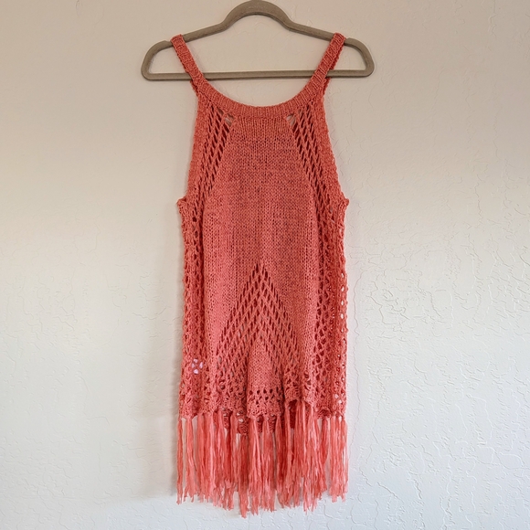 Linen Wool Blend Coral Crochet Fringe Tank Tunic Swim Cover Boho Festival Resort - Picture 7 of 10